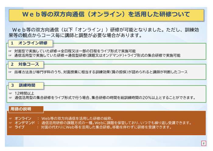 Web等の双方向通信方式で行うオンライン研修が可能となりました。ただし、訓練効果等の観点からコース毎に講師と調整が必要な場合があります。対面型で実施していた研修を全日程又は一部の日程をライブ形式で実施することができます。指導方法及び専門学科のうち、対面授業に相当する訓練効果が認められると講師が判断したコースが対象となります。訓練時間は12時間以上で、通信活用型の集合研修をライブ形式で行う場合、集合研修の時間を総訓練時間の20％以上とすることができます。